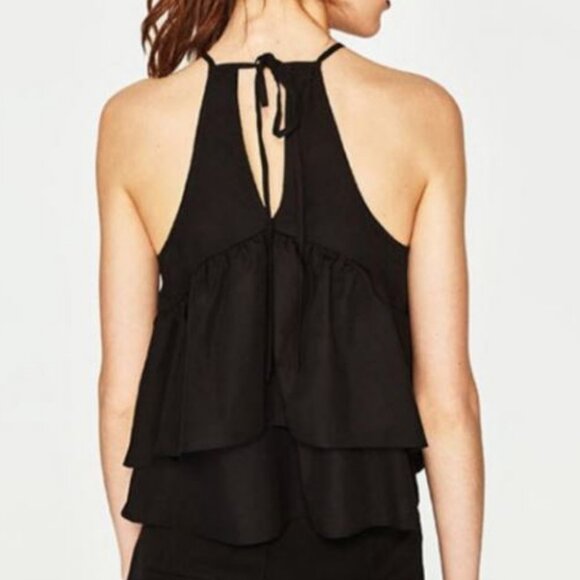 Zara Black Floral Embroidered Halter Peplum Top  Size Medium - Picture 2 of 9